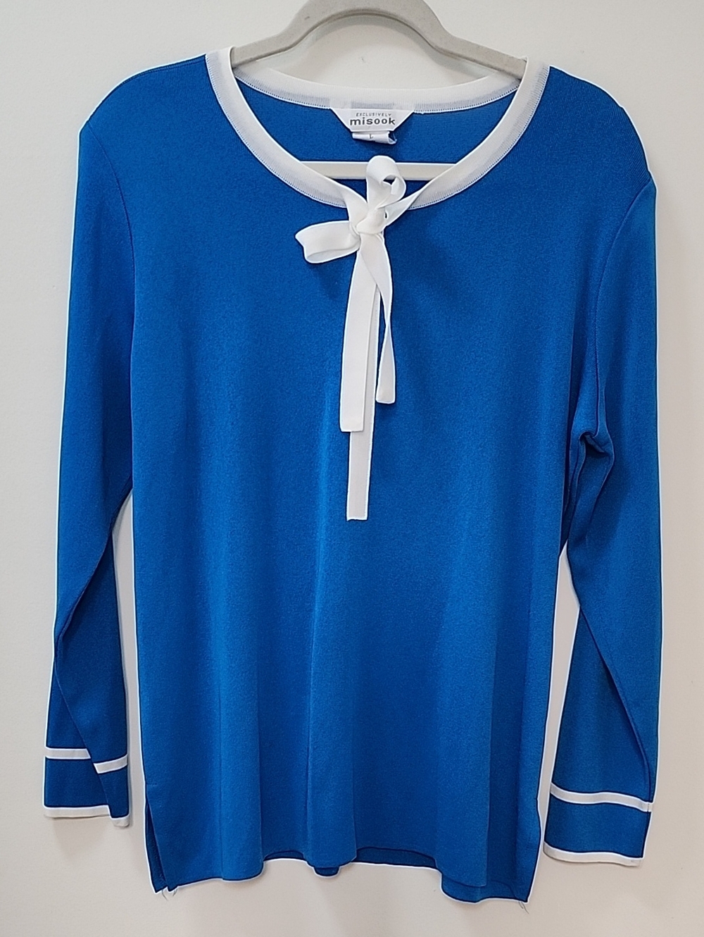 Misook Royal Blue Long Sleeve Top with White Neck Tie Size Large